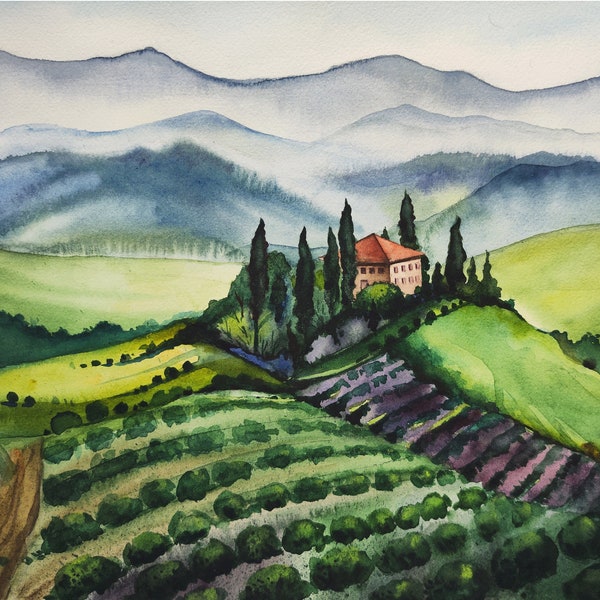 Tuscany Landscape Painting · Tuscany Watercolor Art · Tuscany Painting · Tuscany Wall Art · Italian Landscape · Original Watercolor Painting