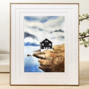 Pittura originale di paesaggio ad acquerello · Arte ad acquerello di paesaggio marino · Arte da parete Casa sul mare · Pittura ad acquerello di paesaggio islandese