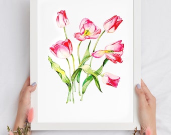 Yellow Red Tulips Art Watercolor Painting Print From Original Painting ...
