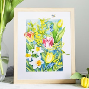 Fiori primaverili Acquerello originale · Tulipani · Narcisi · Mimosa · Muscari · Illustrazione botanica · Fiori acquerello originale