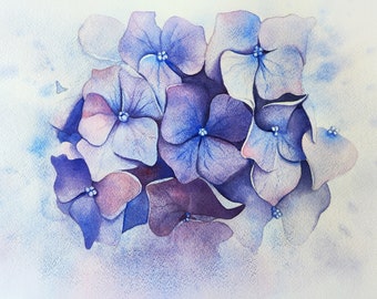 Blue Hydrangea Watercolor Painting • Original Floral Wall Art