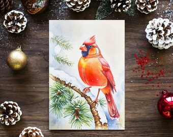 Red Cardinal Watercolor Painting • Original Winter Bird Art