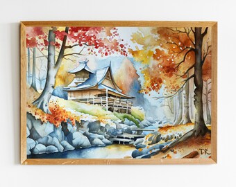 Original Fall Japan Watercolor Landscape Painting • Autumn Wall