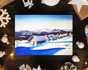 Original Snow Landscape Watercolor Painting • Winter Cabin Art