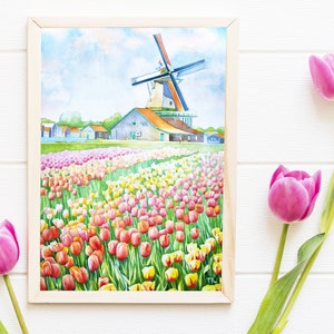 Niederlande Tulpenfeld · Holländische Landschaftsmalerei · Tulpen-Wanddekor · Holländische Windmühle Originalkunst · Aquarell-Tulpen handgemachte Kunst