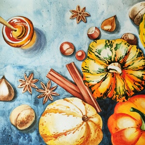 Dipinto originale di zucche · Dipinto di natura morta di zucche · Arte originale della cucina · Arte della parete di Halloween · Acquerello autunnale · Regalo di Halloween