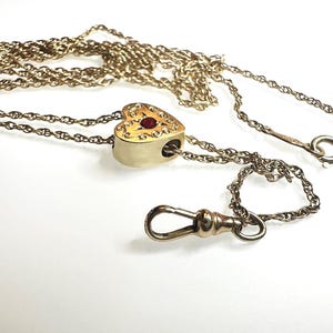 14K Victorian WATCH CHAIN Necklace with Ruby Heart Shaped Slider & clip/fob