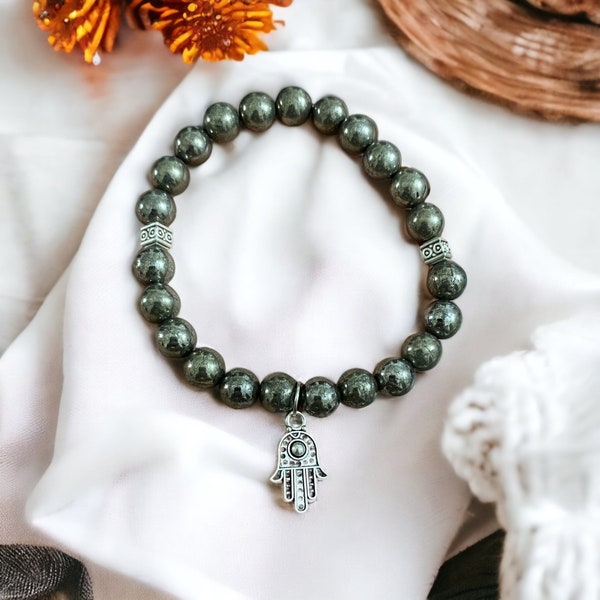 Customized Pyrite Beaded Bracelet with Silver-Toned Hamsa Charm - Protection, Meditation, and Healing