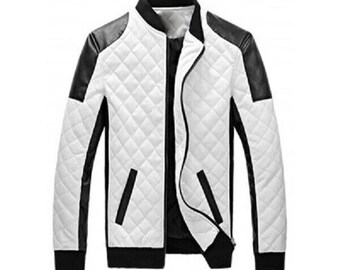 Men's Leather Jacket Genuine Lambskin White & Black Quilted Winter/ Biker Jacket/ White leather jacket