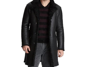 Mens RAF Trench Coat Black Shearling Sheepskin Real Leather Jacket Long Coat