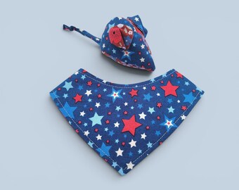 July 4th Cat Bandana and Toy Mouse, Stars and Floral Prints, Red, White, and Mew
