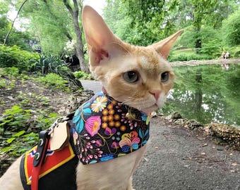 Pride Cat Bandana, Bright Floral and Stripe Print, Reversible, Rainbow Magic