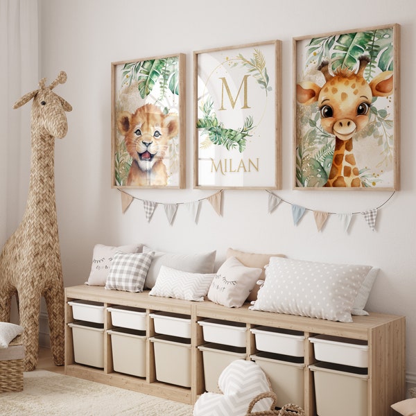 Ensemble de 3 décorations murales de décor d'animaux de la jungle | prénom personnalisé| Décor Safari | Lion, Éléphant, Girafe à imprimer