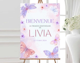 Personalized birthday poster / BUTTERFLY / BUTTERFLY / pink / purple first birthday welcome sign panel