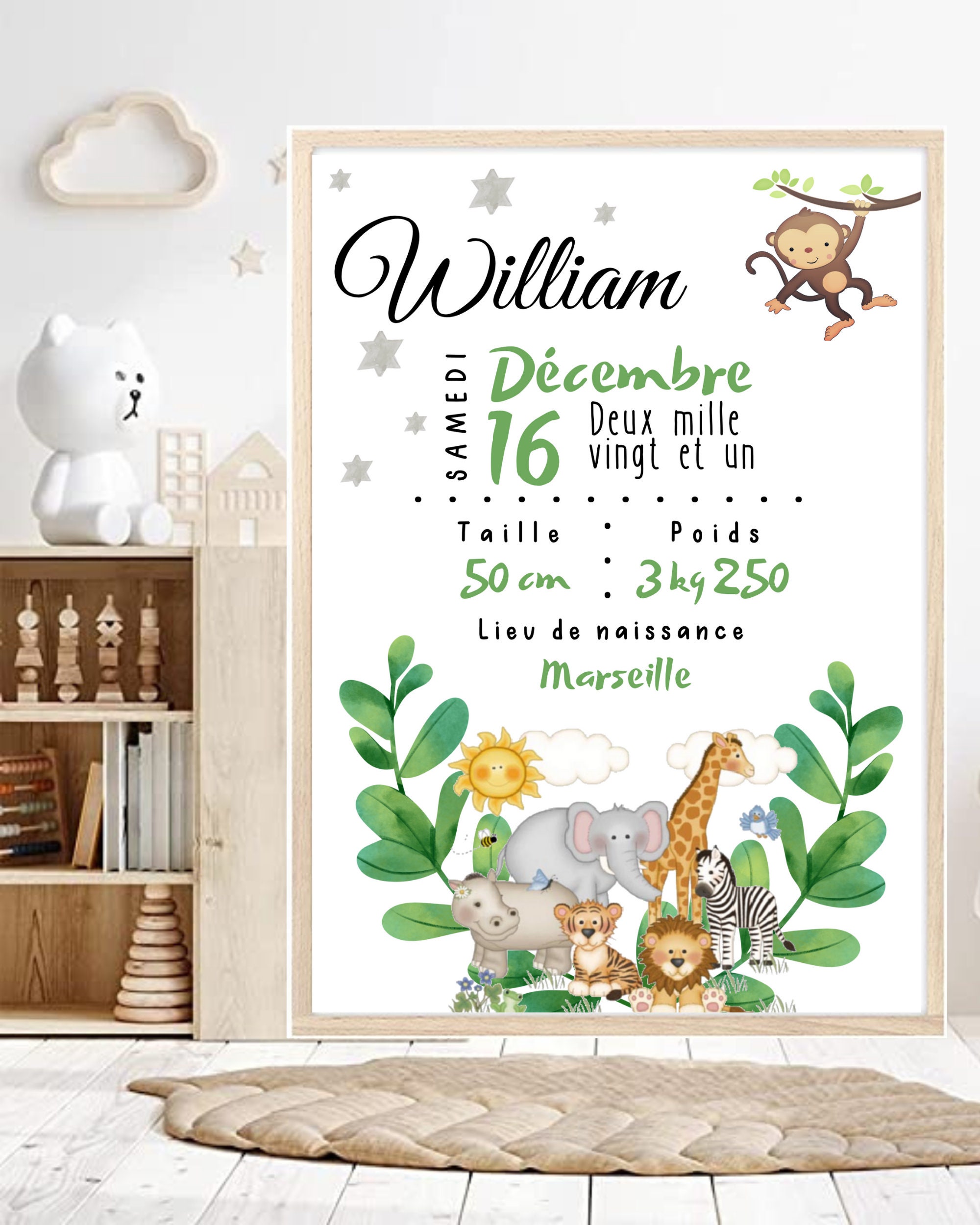 Table de Naissance Jungle | Dates de Naissance Affiche Affiches Faire-Part en Cadeau Personnalisé