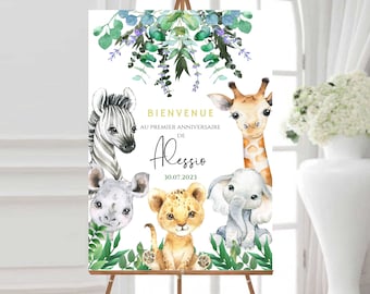 Poster di compleanno personalizzato / Jungle / Savannah / Safari / Battesimo del cartello di benvenuto per il primo compleanno degli animali