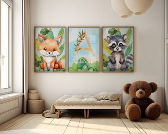 Ensemble de 3 décorations murales de décor d'animaux de la forêt | prénom personnalisé| Décor forêt | Renard, écureuil, hérisson à imprimer