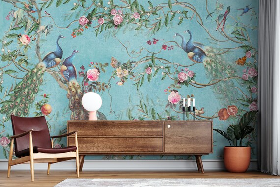 Blue Peacock Asian Wallpaper Traditional Chinoiserie - Etsy
