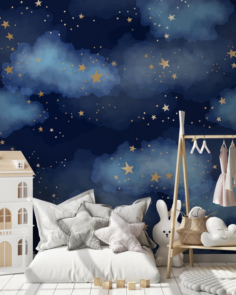 Starry Night Nursery Wallpaper Adhesive Baby Room Wallpaper Etsy