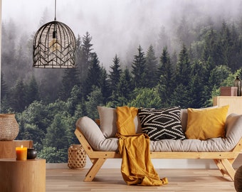 Foggy Forest Mural, Forest Wallpaper, Nature Wall Mural, Peel and Stick, Self Adhesive,  Living Room, Wall Mural