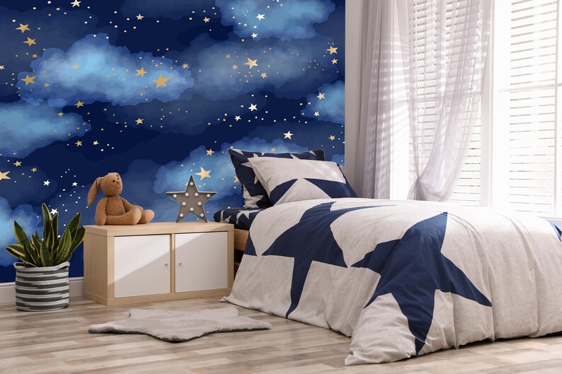 Starry Night Nursery Wallpaper Adhesive Baby Room Wallpaper Etsy
