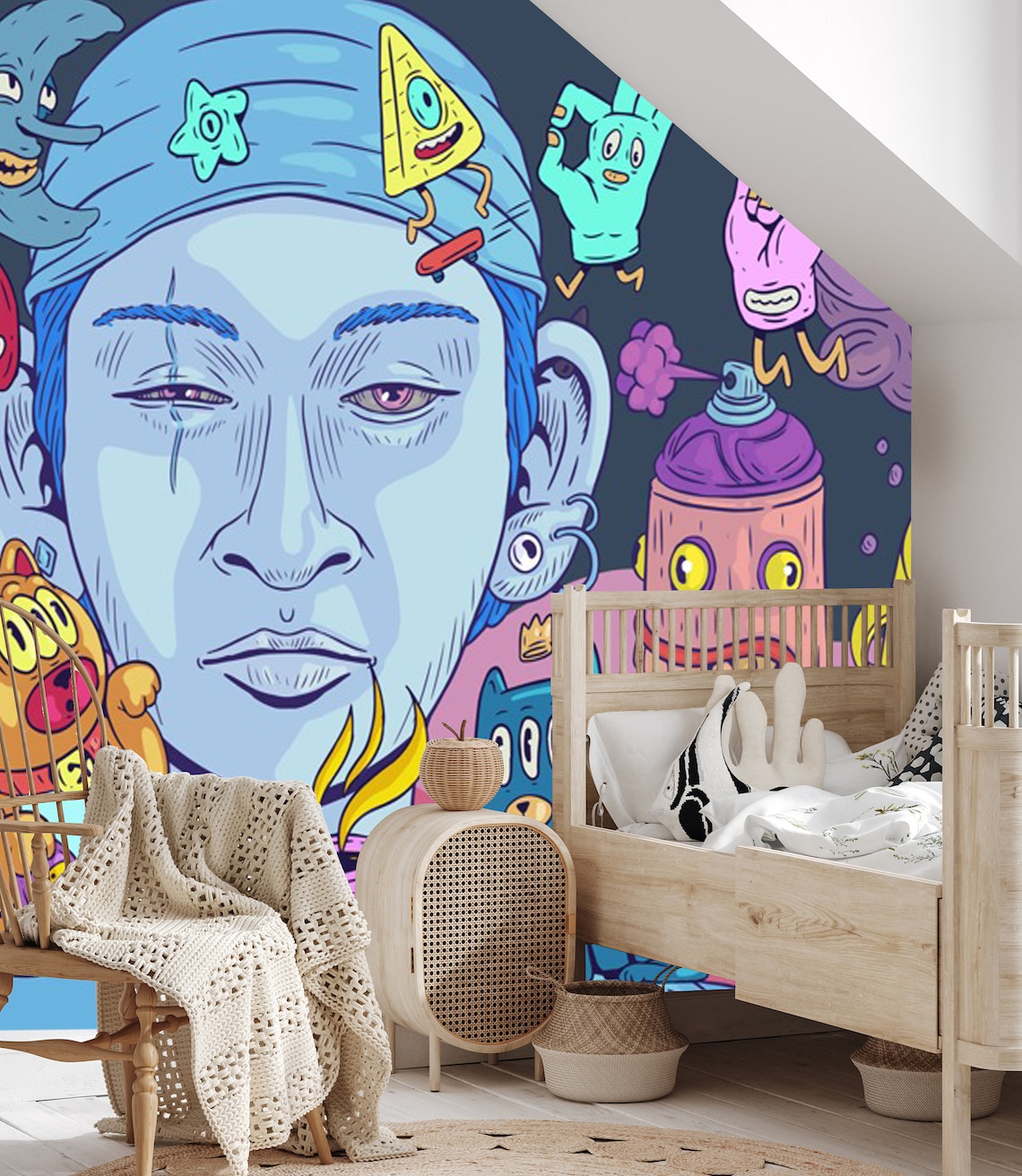 Blue Face Graffiti Wallpaper Peel and Stick Wallpaper Etsy