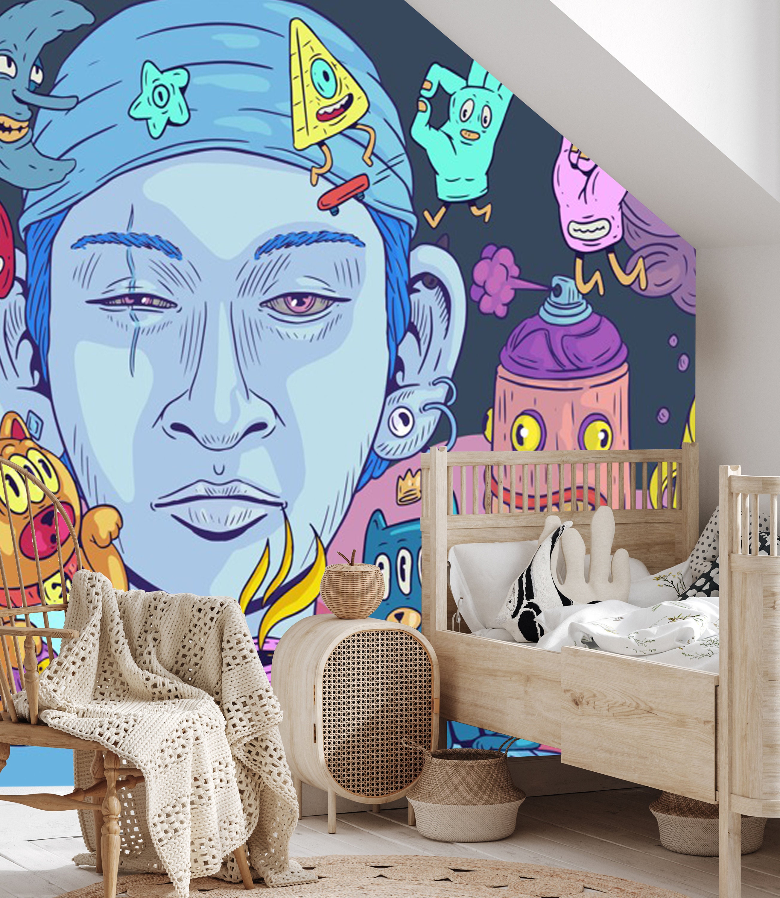 Blue Face Graffiti Wallpaper Peel and Stick Wallpaper Etsy