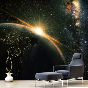 Rising Sun Wallpaper, Planet Peel and Stick Wall Mural, Removable Space Wallpaper, Self Adhesive Removable Wall Decal, Dark Space Wallpaper