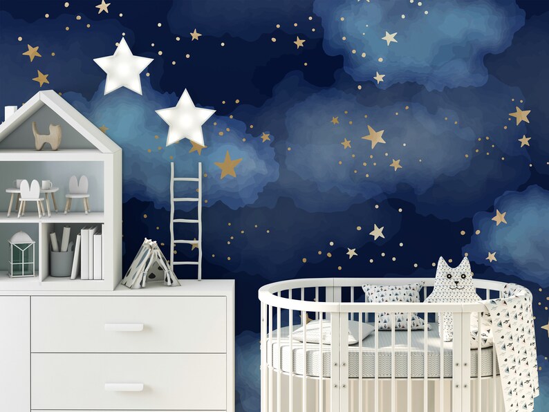 Starry Night Nursery Wallpaper Adhesive Baby Room Wallpaper Etsy