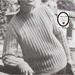May include: A black and white photograph of a long-sleeved sweater featuring a vertical ribbed knit pattern, a crew neckline, and a fitted hem. The image includes the text PDF Pattern and a circular graphic stating 40% off on 2 or more patterns.