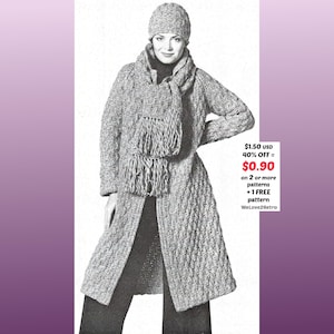 RETIREMENT-SALE***  Vintage Knit Coat Pattern PDF – Jacket, Cardigan, Hat & Scarf Women