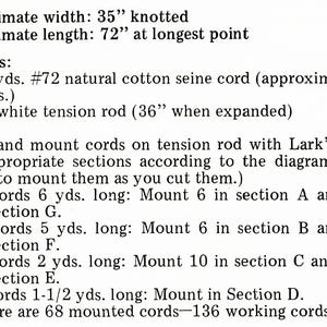 May include: A printed instructional guide for a macrame project. It lists an approximate width of 35 inches, a length of 72 inches, and materials including 208 yards of #72 natural cotton seine cord and a 36-inch white tension rod with mounting steps.