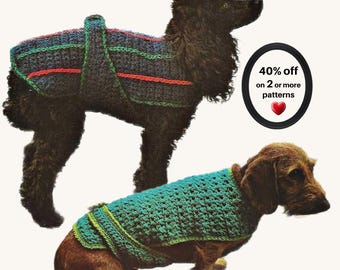 May include: A black poodle wearing a dark crochet dog sweater with thin red and green stripes, and a brown dachshund wearing a textured teal crochet dog sweater. A circular graphic includes the text 40% off on 2 or more patterns.