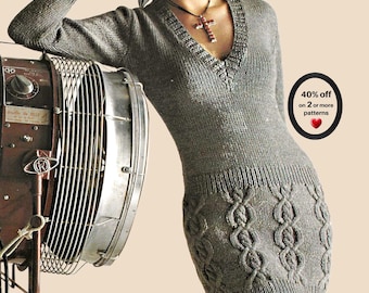 May include: A grey long-sleeved knit sweater dress featuring a deep V-neckline and a textured cable knit pattern along the lower section. The garment includes a black oval graphic with the text 40% off on 2 or more patterns and a heart icon.