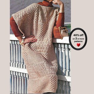 May include: A beige, loose-fitting, short-sleeved knit dress featuring a textured patchwork pattern of squares. The dress is worn over a rust-colored long-sleeved top. A circular graphic on the right displays the text 40% off on 2 or more patterns.