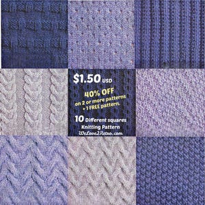 May include: A collection of ten different knitted squares in shades of blue and purple. The squares showcase various textures and patterns, including cable knit and ribbed designs. The image includes text that reads "10 Different squares Knitting Pattern WeLove2Retro.com."
