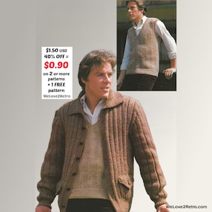 LIQUIDAÇÃO DE APOSENTADORIA*** Molde de Cardigã Masculino Vintage em Tricô – Colete Boho, Casaco Sem Mangas, Jaqueta Fácil de Tricotar