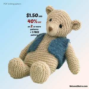 Knit Teddy Bear Pattern PDF, Easy Vintage Plush Toy, Boho Stuffed Animal