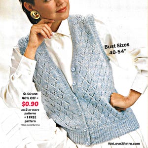 May include: A light blue knitted vest with a diamond pattern and button closure. The vest is shown with bust sizes 40-54 inches. The image also includes the text "WeLove2Retro.com".