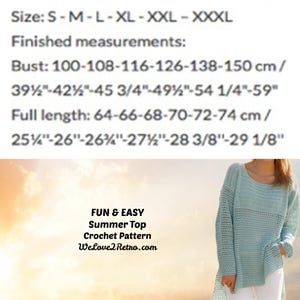 May include: A light blue crochet top with long sleeves and a loose knit texture. The image includes text: Size: S-M-L-XL-XXL-XXXL, Finished measurements: Bust: 100-150 cm / 39 1/2"-59", Full length: 64-74 cm / 25 1/4"-29 1/8", FUN & EASY Summer Top Crochet Pattern.