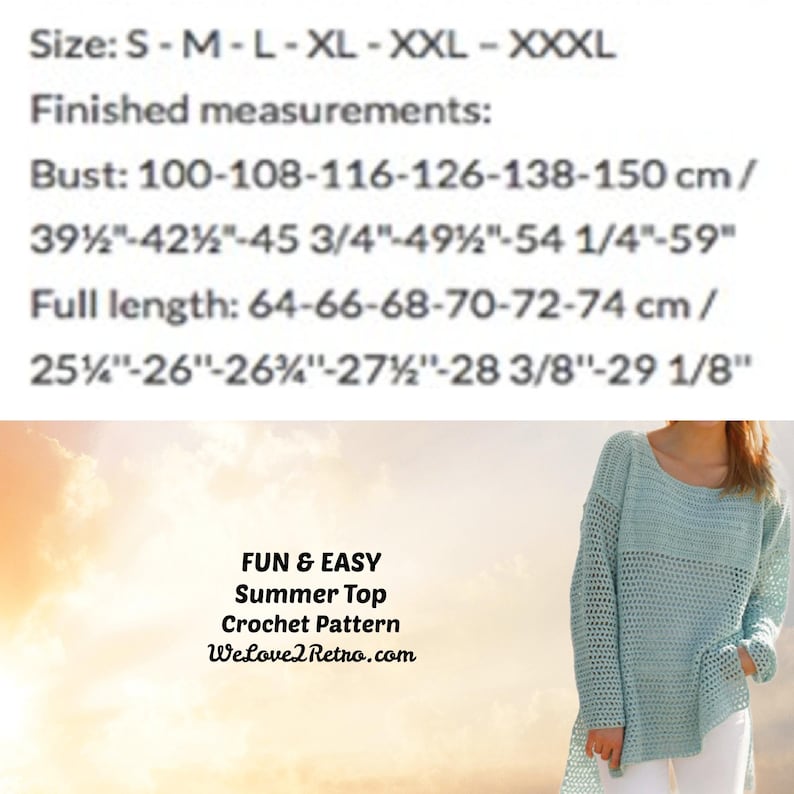 May include: A light blue crochet top with long sleeves and a loose knit texture. The image includes text: Size: S-M-L-XL-XXL-XXXL, Finished measurements: Bust: 100-150 cm / 39 1/2"-59", Full length: 64-74 cm / 25 1/4"-29 1/8", FUN & EASY Summer Top Crochet Pattern.