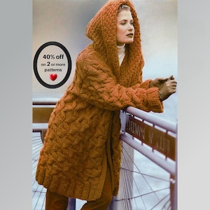 RETIREMENT-SALE*  Chunky Knit Hooded Coat Pattern PDF – Vintage Cardigan • Sweater Jacket Knitting Design