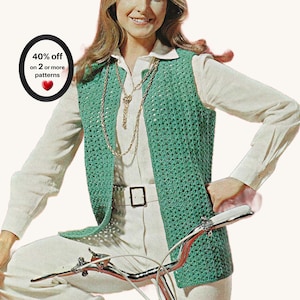 May include: A sleeveless green crochet vest worn over a white collared shirt and white trousers with a belt. A gold chain necklace hangs around the neck. A black oval graphic in the corner displays the text 40% off on 2 or more patterns.