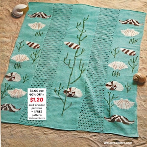 May include: A turquoise crocheted blanket with an underwater theme. The blanket features brown and white seashells, green seaweed, and striped sea creatures. The text on the blanket says "$1.20" and "WeLove2Retro".