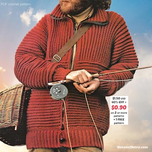 May include: A red crochet zip-up jacket with a ribbed design. The jacket has a brown collar and a zipper closure. The image also includes a fishing rod and a woven basket. Text on the image says "PDF crochet pattern".