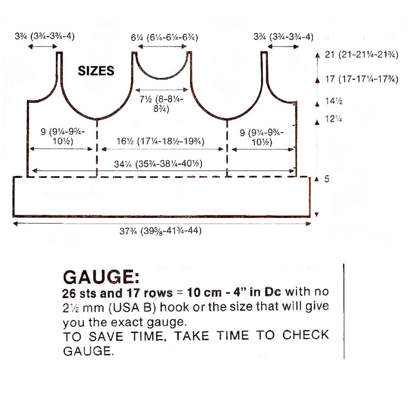 May include: A technical diagram showing garment construction measurements in inches, including various width and height dimensions for a top. Below the diagram, the text reads: GAUGE: 26 sts and 17 rows = 10 cm in Dc with no 2.5 mm hook.