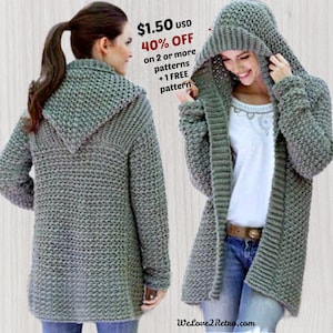 Modèle PDF de cardigan à capuche au crochet - Manteau simple pour femme, veste grande taille, pull bohème S-2XL