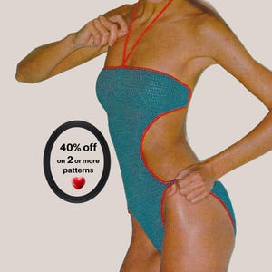 May include: A teal crochet one-piece swimsuit featuring a halter neck strap and vibrant red trim along the edges. The garment has cut-out sides and a high-cut leg design. A circular black emblem displays the text 40% off on 2 or more patterns.