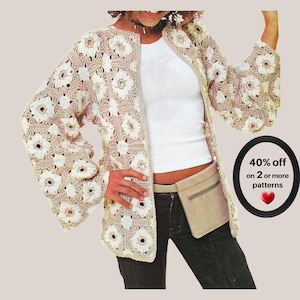 Pode incluir: Um cardigã de manga comprida aberto feito de quadrados de crochê florais em bege e branco. A peça é usada com uma regata branca, calças jeans escuras e uma doleira bege. Um gráfico circular exibe 40% off on 2 or more patterns.