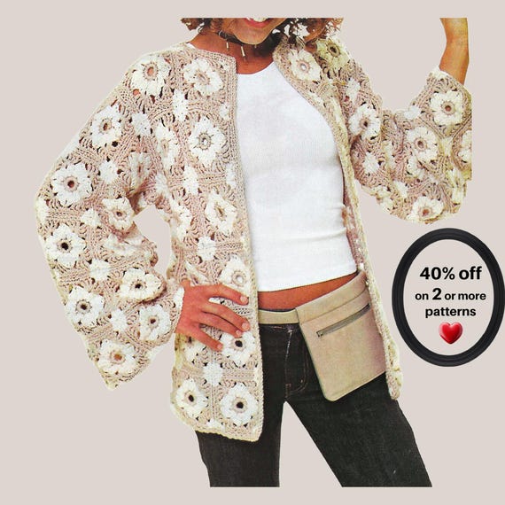 RETIREMENT-SALE* Easy Granny Square Cardigan Crochet Pattern - Boho Jacket Retro Sweater-Coat Vintage PDF